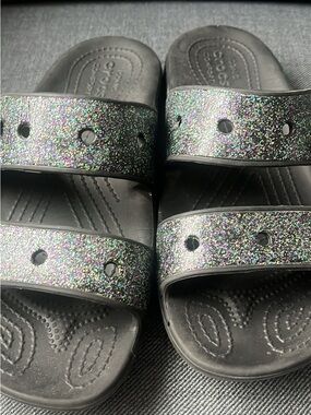 CROCS Kids Black Slide Sandals with Multicolor Glitter Straps